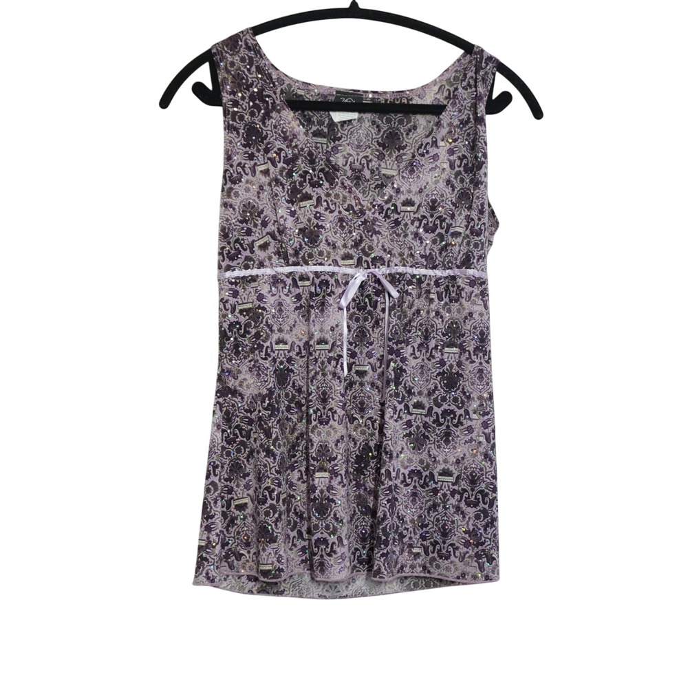Vanity 90s Y2K Club Purple Damask Sequin Babydoll Top Sleeveless Empire Waist